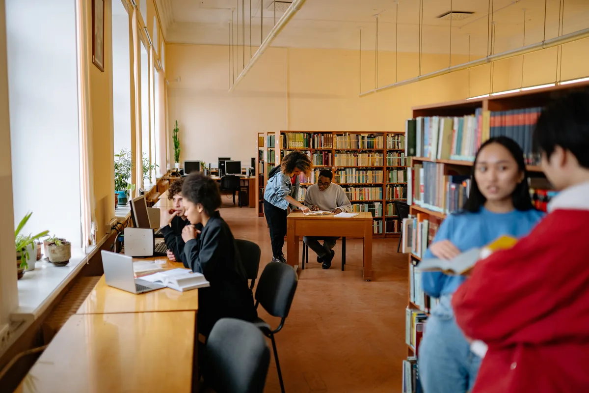 Students studying and browsing the shelves of a sunlit library